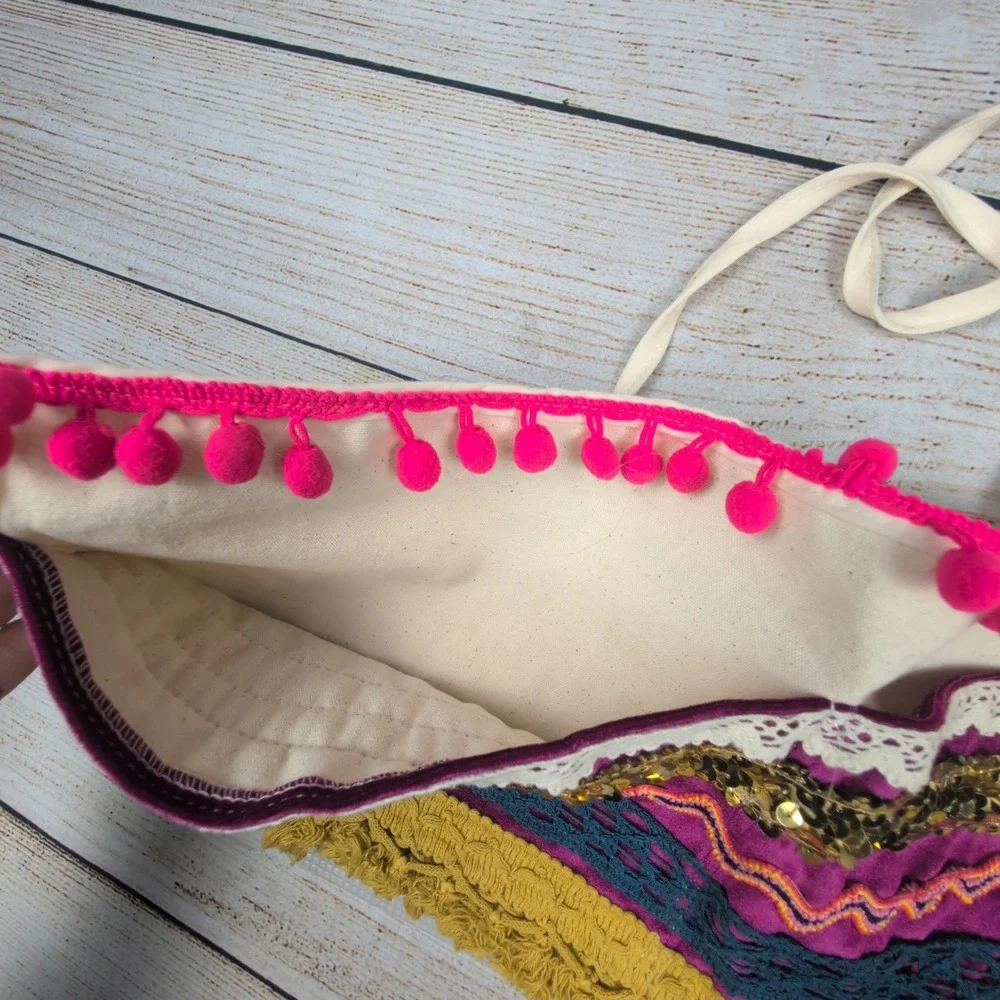 Natural‎ Life Bohemian Pom Pom Sequin Lace Trimmed waitress server Apron